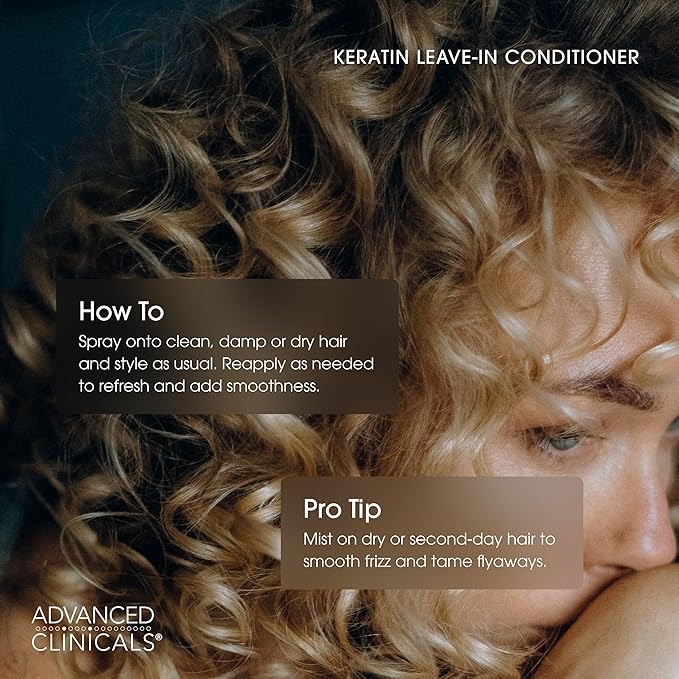 Advanced Clinicals Keratin Detangler Spray. Detangling Hair Spray for Strong, Shiny Hair. Lightweight, Leave-in Conditioner with Amino Acids, Vitamin B5, Olive Oil Softens and Nourishes Hair, 8 Fl Oz