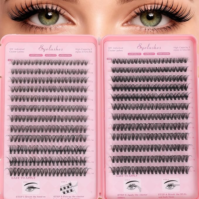 Manga Lash Clusters, 640 Pcs Eyelash Clusters Individual Lash Extension Kit D Curl Fluffy Wispy False Eyelashes Extensions Thin Band (30D+40D)