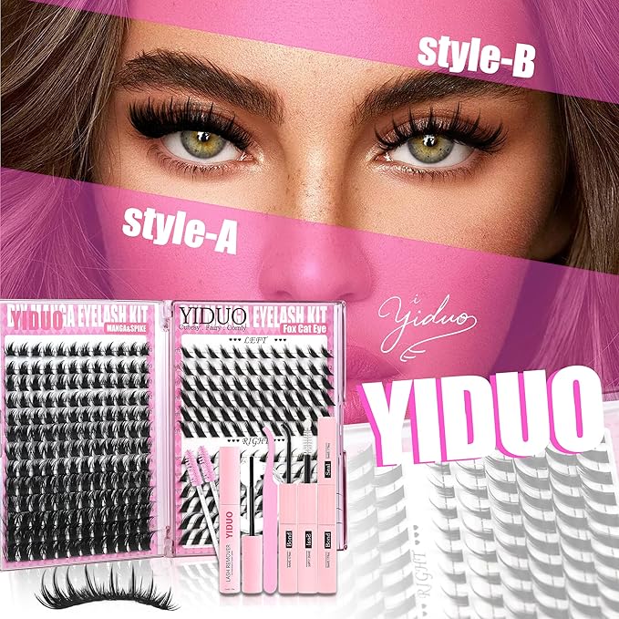 YIDUO Manga Lash Clusters Kit 2 Styles Volume Fairy + Cat Eye Cartoon Clusters Eyelash Extensions Kit with Lash Bond and Seal Remover Tweezers 10-18mm Wispy Individual DIY Lashes Book Kit