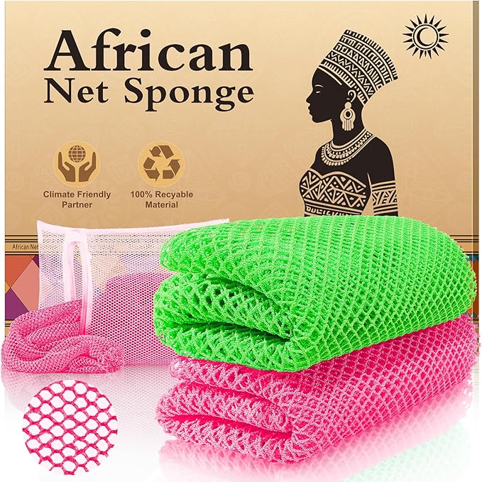 African Net Sponge Set (2 Pieces) - Premium Exfoliating Scrubber for Face & Body, Travel Portable, Durable, Gentle Exfoliation for Dry Skin(Pink,Green)