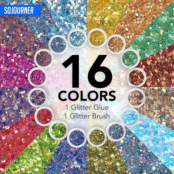 Body Glitter Set for Face & Hair – 16 Colors Fairy Tears Chunky Holographic Festival Glitter Makeup with Glue – Rave, Concert, Euphoria Looks, Cosmetic Grade Glitter