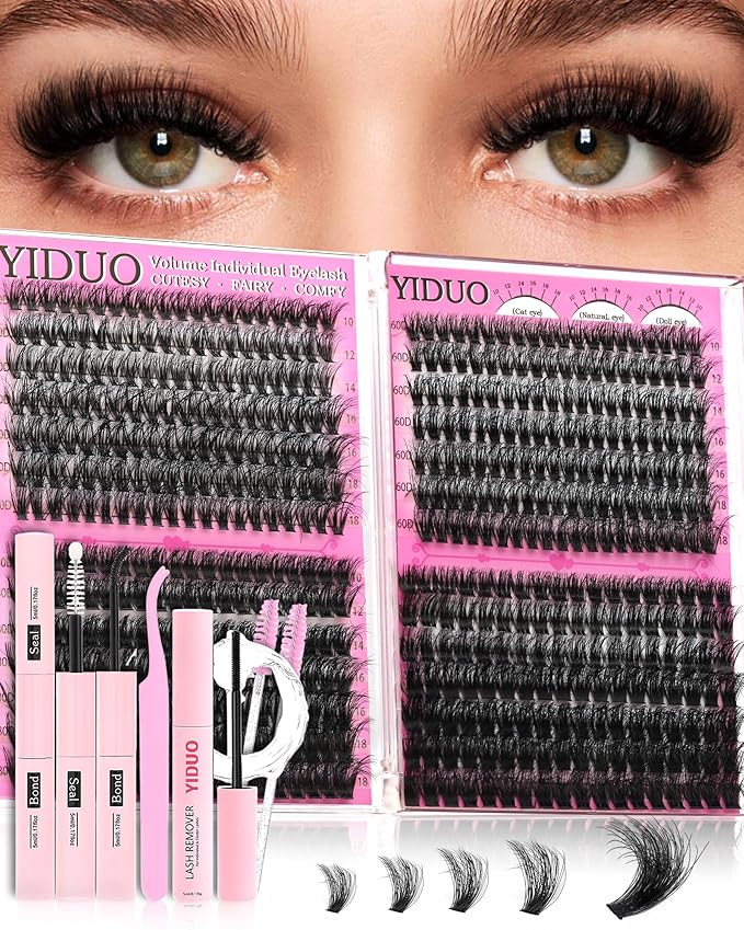 YIDUO Lash Extension Kit, 546PCS 40D+60D+80D+100D Lash Clusters 10-18mm, Wispy Individual Lashes with Bond and Seal, Remover, Tweezers & Brush, All-in-1 DIY Eyelash Extensions for Beginners