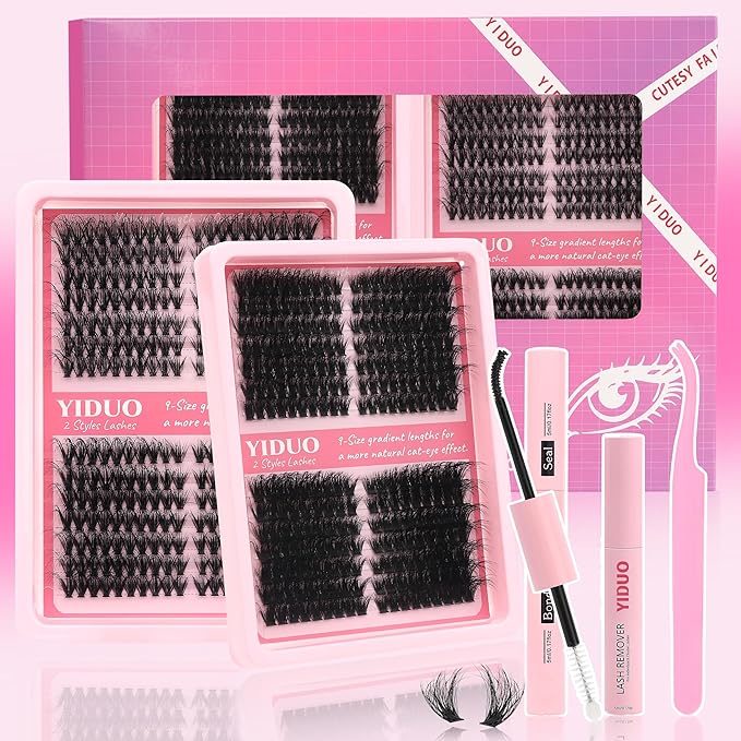 YIDUO Lash Clusters Kit 40D+50D+80D+100D Volume Left&Right Cat Eye Cluster Eyelash Extensions Kit 560pcs 10-20mm Wispy Individual Eyelash Extension with Lash Bond and Seal Removers Tweezers