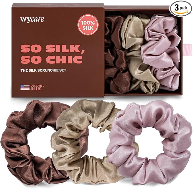 Wycare 100% Silk Scrunchies - Gentle on Hair Mulberry Silk Scrunchies for Women - Luxurious Sleep Ties for Women's Curly Hair (Set of 3 Nude)