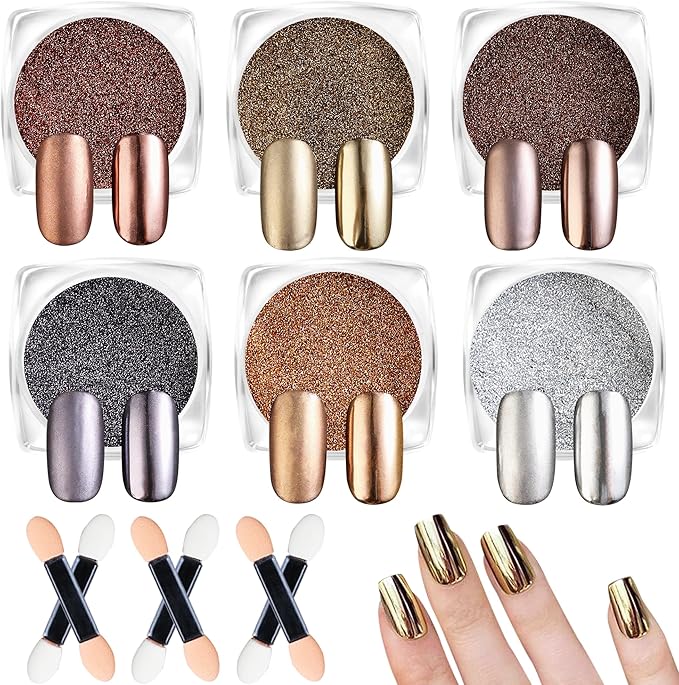 Chrome Nail Powder 6 Colors Metallic Chrome Powder for Nails Brown Bronze Gold Mirror Effect Rubbing Pigment Dust Fall Nail Art Glitter Set for Gel Polish Nail Art Design Manicure Decoration