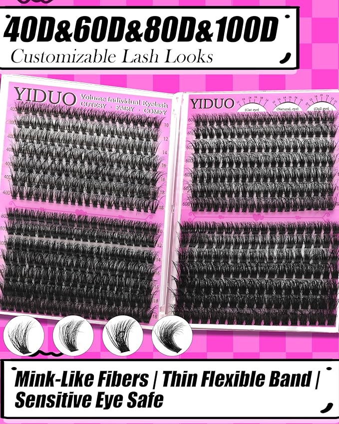 YIDUO Lash Extension Kit, 546PCS 40D+60D+80D+100D Lash Clusters 10-18mm, Wispy Individual Lashes with Bond and Seal, Remover, Tweezers & Brush, All-in-1 DIY Eyelash Extensions for Beginners