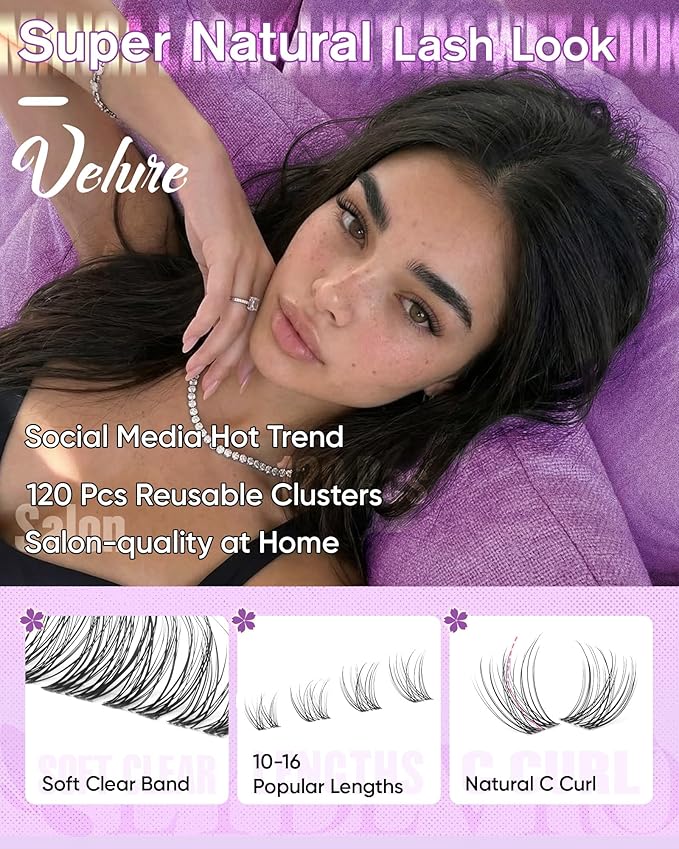 EYDEVRO Velure Lash Clusters Kit Natural Eyelash Clusters Kit Wispy Cluster Eyelash Extensions 120 Pcs 10-16mm C Curl Cluster Lashes Clear Band Individual Lashes White Lash Bond Seal Tweezers Brush