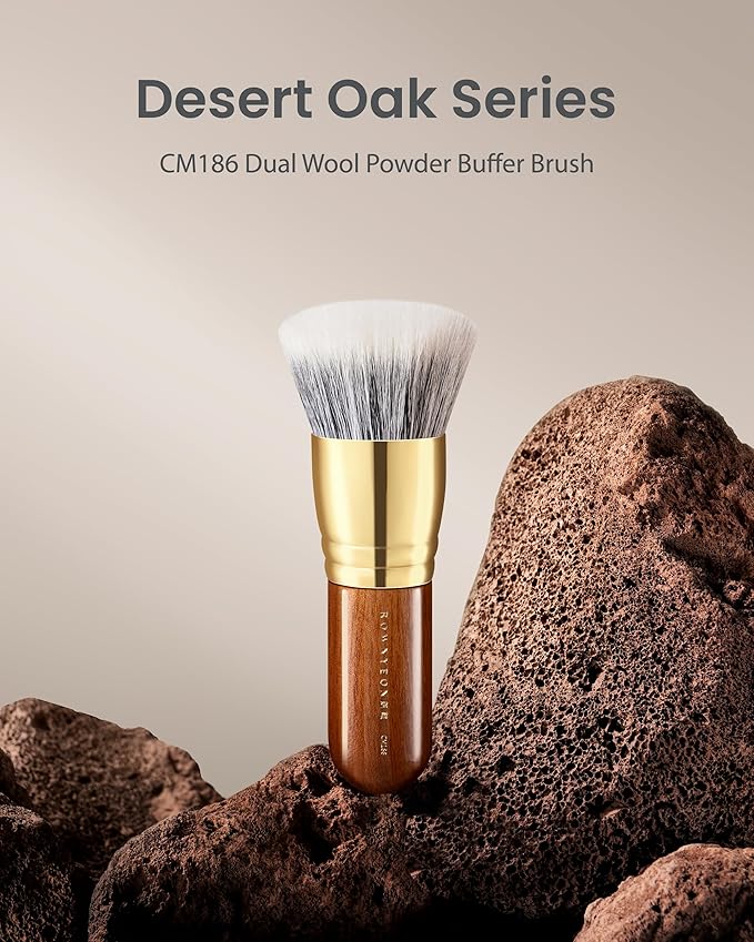 Desert Oak Series Dual Wool Powder Buffer Brush - 40mm Round Top for Airbrush Finish, White & Black Goat Hair Blend, Bubinga Handle & Brass Ferrule (CM 186)