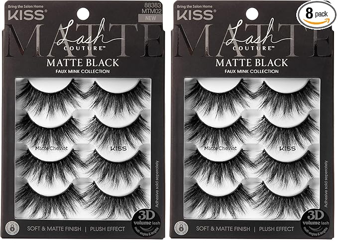KISS Lash Couture 3D Matte False Eyelashes, Matte Cheviot', 18mm-20mm, Includes 4 Pairs Of Lashes, Contact Lens Friendly, Easy to Apply, Reusable Strip Lashes (Pack of 2)