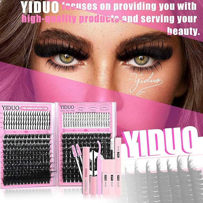 YIDUO Lashes Clusters Kit 200D+300D+Spikes+Bottom Cluster Lash Extensions Kit with Lash Bond and Seal |Tweezers |Removers |Eyebrow Brush (200D+300D-10-18MIX Thick Kit)