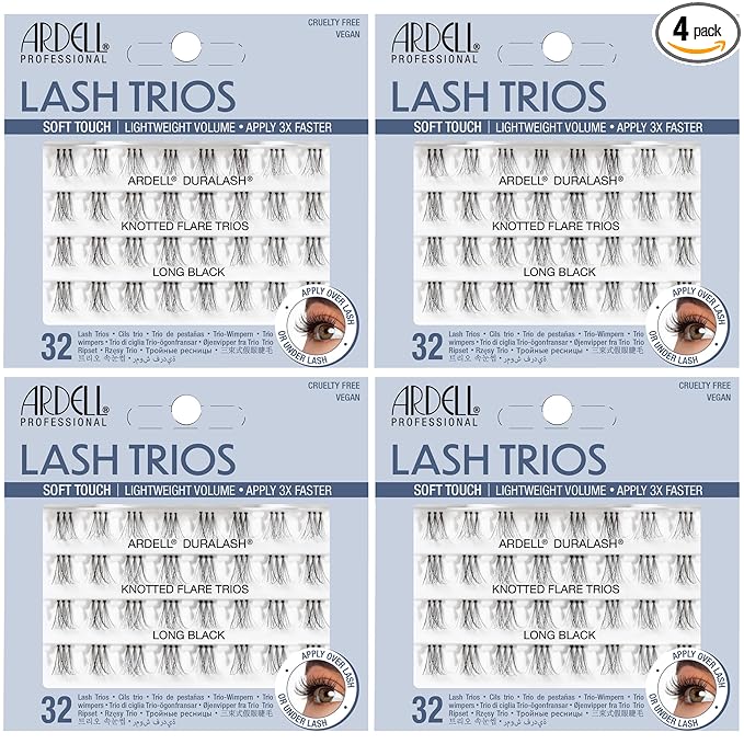 Ardell Individual Lashes False Eyelashes Soft Touch Trios - Long Black, DIY Lash Clusters, Reusable Eyelash Extensions, 4 Pack