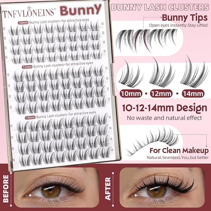 TNFVLONEINS Bunny Lash Clusters Natural Manga Eyelash Clusters 10-12-14mm Wispy Cluster Eyelash Extensions Clear Band Individual Lashes Clusters C Curly Eye Lashes Clusters