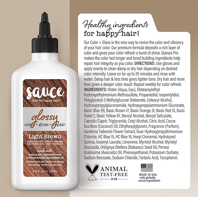 Sauce Beauty Glossy Color + Gloss + Repair, Light Brown, Semi Permanent Hair Dye with Bond-Building and Color-Fade Protection Technology, Adds Shine & Deep Moisture, Lasts 4-8 Weeks, Stops Fade