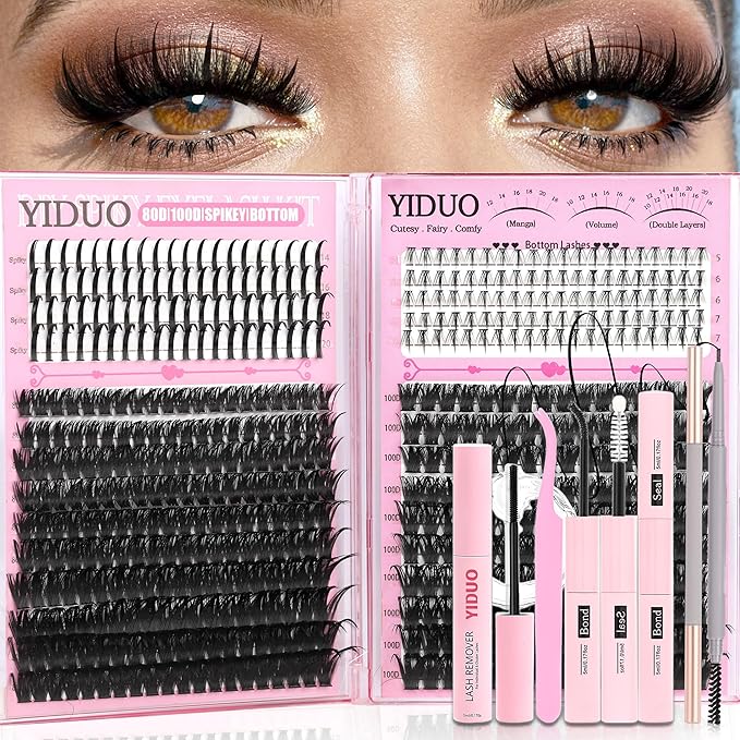 YIDUO 540Pcs Lashes Clusters Kit with Spikes+Bottom Eyelash 80D&100D Volume Clusters Lash Extension 10-18mm Wispy D Curvature Individual False Eyelashes Kit with Lash Bond and Seal, Dual Brow Pencil