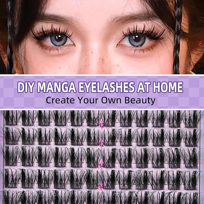 B&Q Manga Lashes Clusters Anime Lashes 8-18mm Mixed 144pcs Eyelash extension Manga Style Lash Feature Side Spike Cat Eye Eyelash Clusters Perfect Choice for Beginners at Home (Lash-Anime 02)