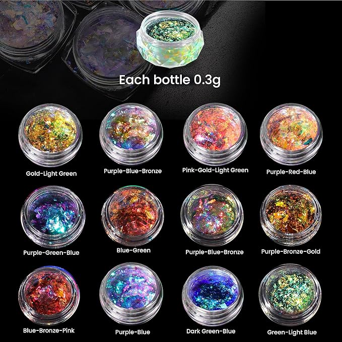 Chameleon Flakes - Chameleon Flakes for Resin - 12 Iridescent Flake - Intense Colorshift Mica Powder Pigment - Chrome Opal Pigments for Tumblers, Molds, Nail Art, Eyeshadow, Paints, Soap Making