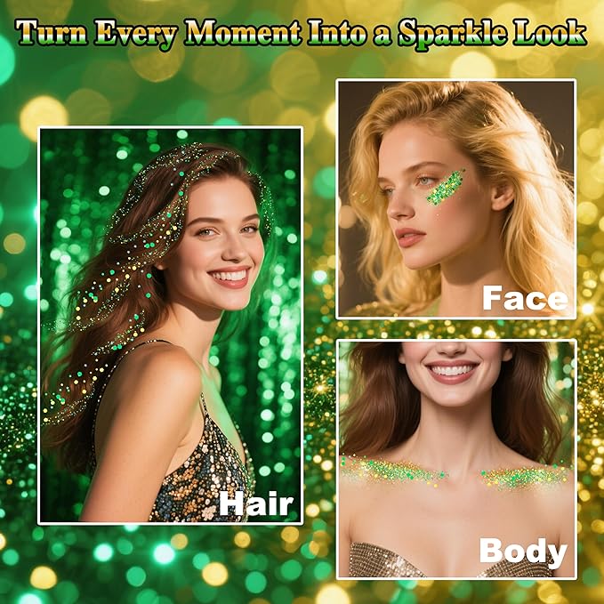 MEICOLY Gold and Green Face Glitter,St Patricks Day Accessories,Gold Hair Sparkle Self-Adhesive Halloween Body Glitter Makeup for Mardi Gras Carnival Irish Festival Party