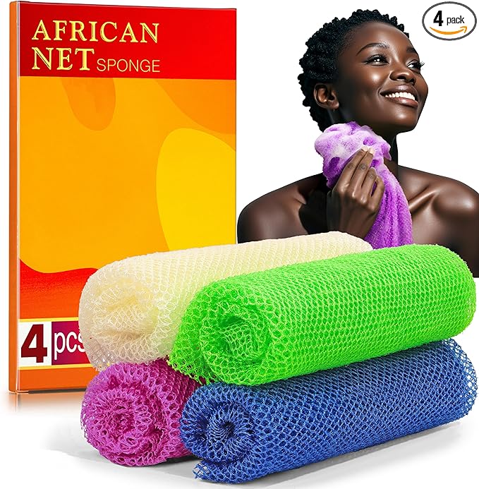 4 Pieces African Net Sponge for Deep Exfoliation – African Net Sponge Authentic, Exfoliating Washcloth, Quick-Drying African Exfoliating Net for Smooth & Glowing Skin(Blue, Green, Purple, White)