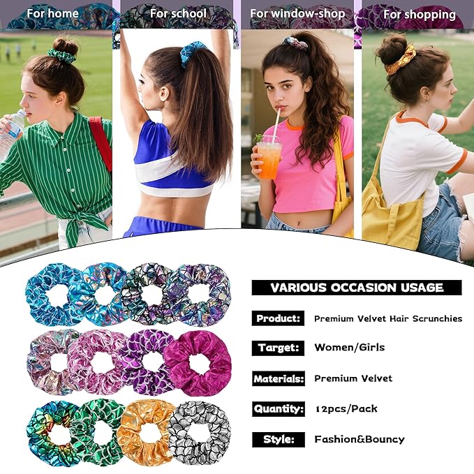 12 Pcs Scrunchies for Women, Shiny Metallic Scrunchies for Girls, Soft Elastic Hair Bands for Ponytail Holder, Fasion Scales Hair Tie Ropes for Teens Party Favorts(Mermaid Scales)