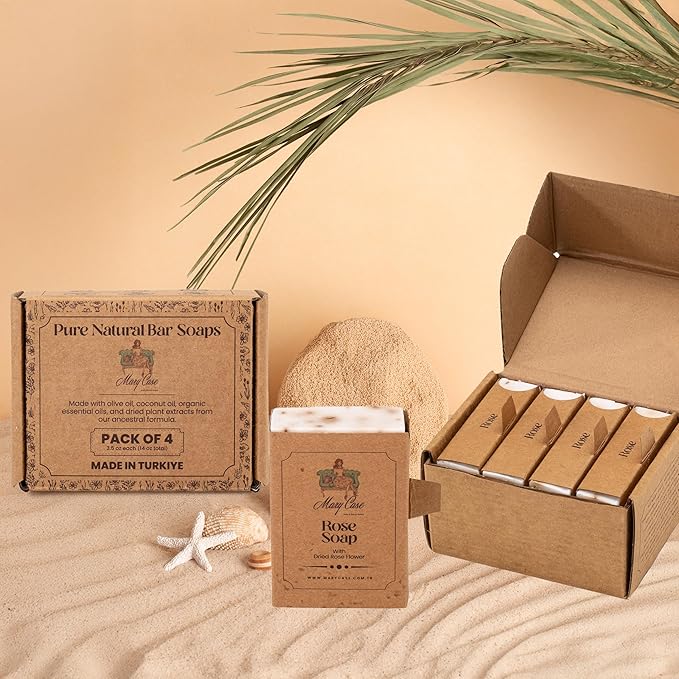 Mary Case Rose Bar Soap Set of 4 | Natural Soap with Olive, Coconut & Oils + Dried Flowers | Vegan Bath Soap for Men & Women | Softening, Hydrating & Boosting Skin Radiance