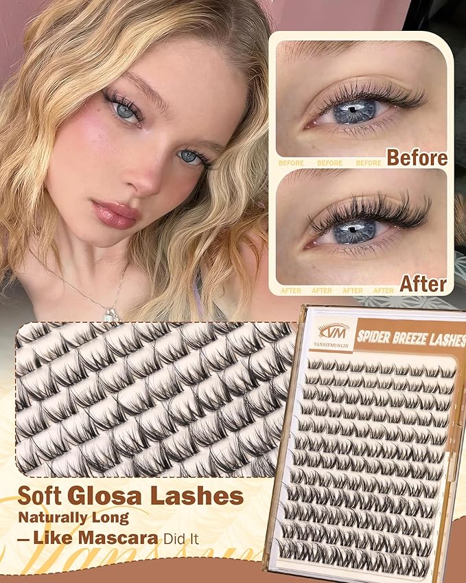 Spider Glosa Lash Clusters, Wispy Fluffy Eyelash Clusters Natural DD Curly Lashes Cluster 8-16mm Cluster Eyelash Extensions Reusable Eye Lash Clusters with Invisible Band for DIY at Home Vanssymunlin