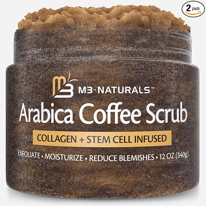 Arabica Coffee Scrub for Hands, Feet, and Body, Exfoliating Scrub with Collagen and Stem Cells, Face Cleanser for Cellulite, Fine Lines, and Stretch Marks, 12oz (1 Pack) by M3