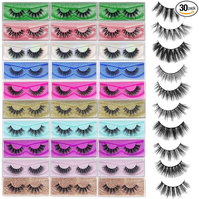 Lashes Bulk Mikiwi 30 Pack Eyelashes, 12-20mm 5D Fake Mink Eyelashes Wholesale, Fluffy Natural Volume Eye Lashes, Individual Package Faux Mink Lashes Wholesale