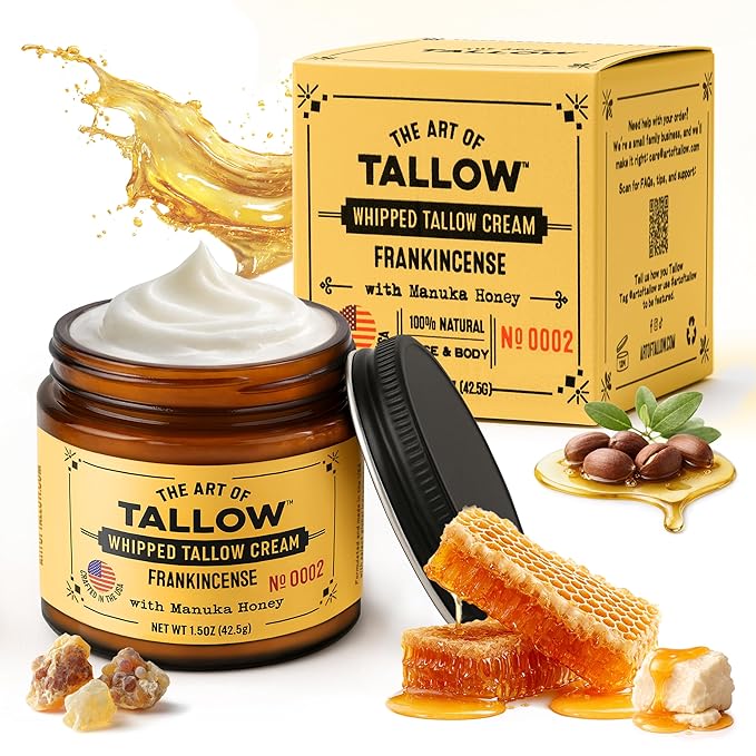 Tallow Face Moisturizer – Frankincense Beef Tallow for Skin, Whipped Tallow Cream with Manuka Honey & Organic Jojoba Oil, Face Cream, Grass Fed & Finished, Made in USA, 1.5 oz