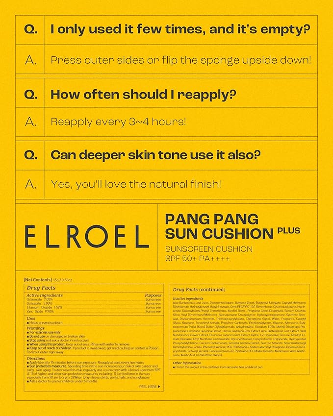 ELROEL Pang Pang Sun Cushion Plus - Korean Hypoallergenic & Lightweight Sunscreen with Puff Sponge - Broad Spectrum SPF50+ PA++++ (0.53 oz)