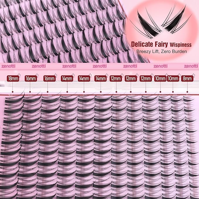 Fairy Lash Clusters Manga Eyelash Clusters Natural Wispy Cluster Eyelash Extensions with Invisible Band Viva Spiky Individual Lashes DIY Salon Look Lash Extension at Home by zenotti (144pcs 8-18mm)