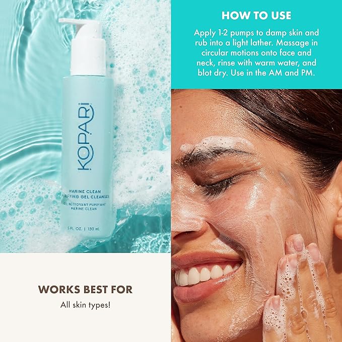 Kopari Marine Clean Purifying Gel Cleanser, Infused with Amino Acids & Vitamin B5, Dual-Action Gel-to-Foam Cleanser, Gentle and Nourishing, 5 oz | New Look, Same Formula, Product Packaging May Vary