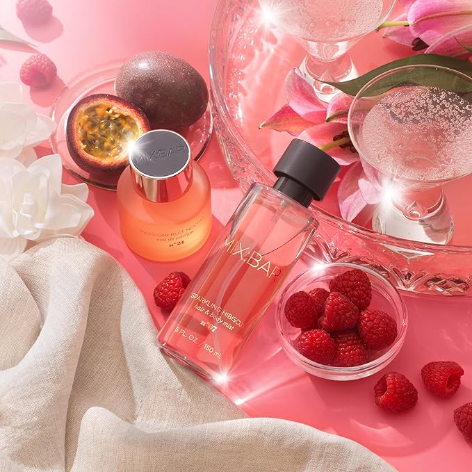 MIX:BAR Sparkling Hibiscus Hair + Body Mist Spray for Women + Girls - Bergamot, Hibiscus, Cashmere Musk, Champagne Bubble Fragrance Notes - Bergamot Bedroom + Hair + Body Oil Spray - Vegan - 5oz