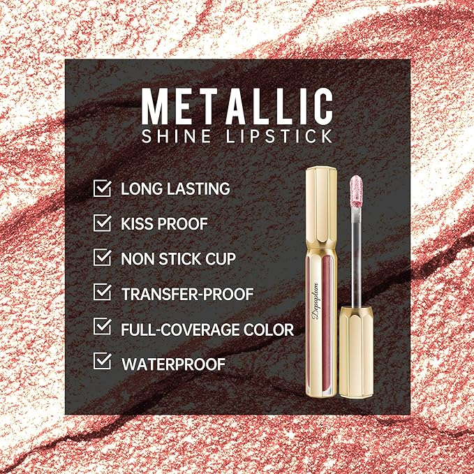 Depuplum Nude Lipsticks for Women Metallic Lipstick Long Lasting Shimmer Lip Gloss Metal Shine Glitter Waterproof Lipsticks Full Coverage Lip Color for Mother's Day,DP101 Halo