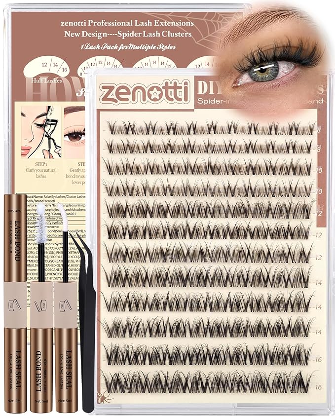 Spider Lashes Cluster Kit Natural Breeze Lash Clusters Wispy Eyelash Clusters Kit Venus Cluster Eyelash Extension Fluffy Individual Lashes D Curly 8-16mm Lash Extensions with Invisible Band by zenotti