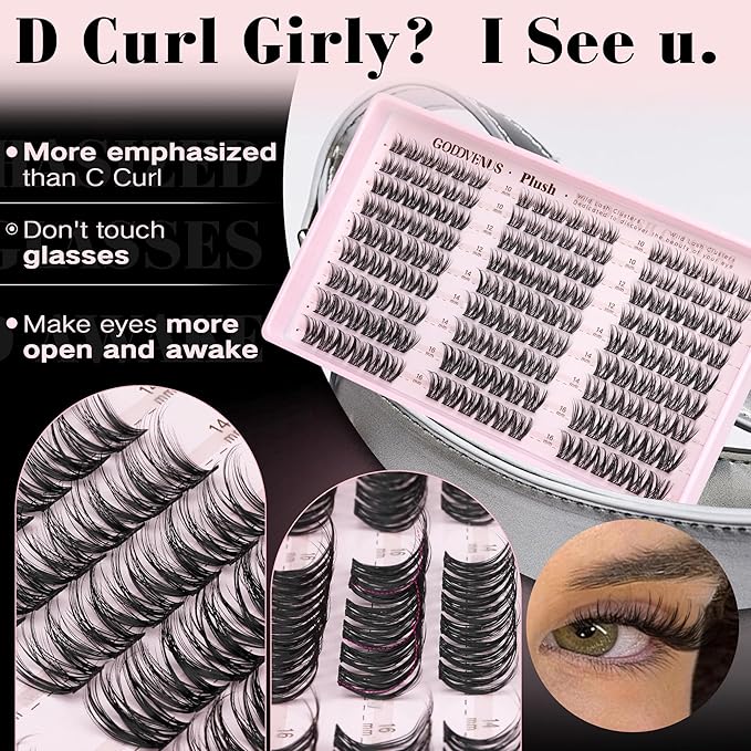 Goddvenus Plush Lash Clusters Natural Wispy Cluster Eyelash Extensions, Fluffy DIY Lash Extension at Home for Natural Look, D Curl Individual Eyelashes