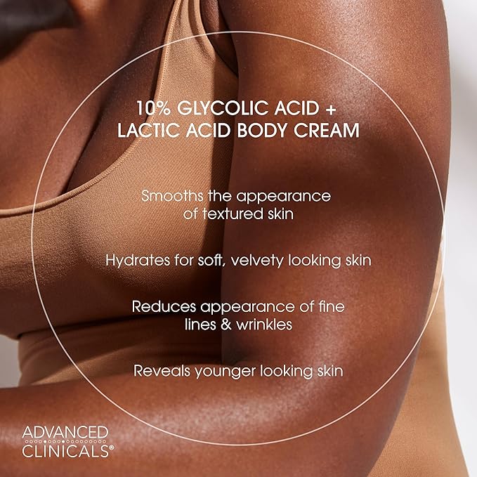 Advanced Clinicals 10% Glycolic Acid + Lactic Acid Lotion Exfoliant Moisturizing Cream With Hyaluronic Acid Moisturizer | AHA Exfoliating Body Cream Improves Look Of Uneven Rough Skin Texture, 2-Pack