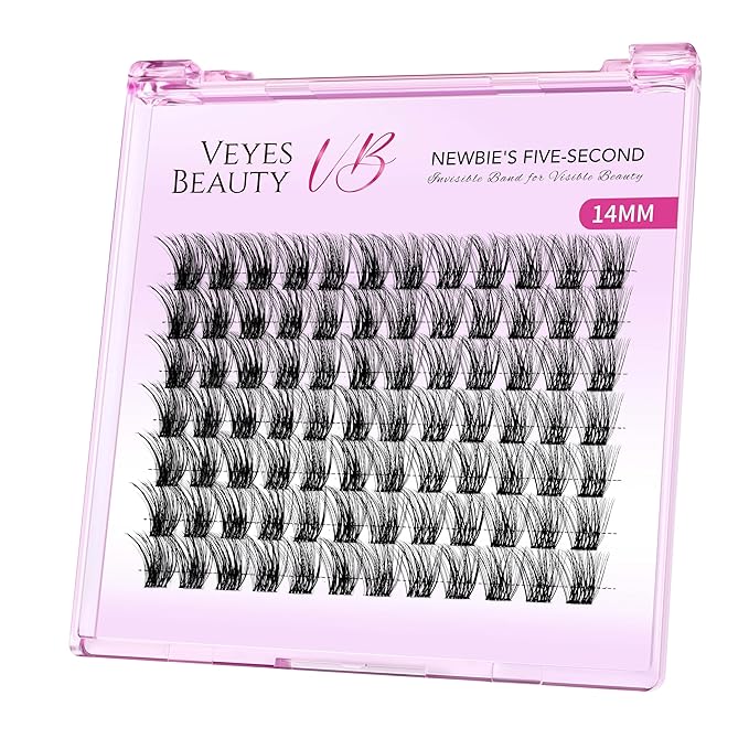 VEYESBEAUTY Lash Clusters Individual Eyelash Extensions Thin & Invisible Band DIY False Eyelashes for Self-application Newbie's Five-Second Series Wispy Lash Tray, Bomb 14mm Single Length