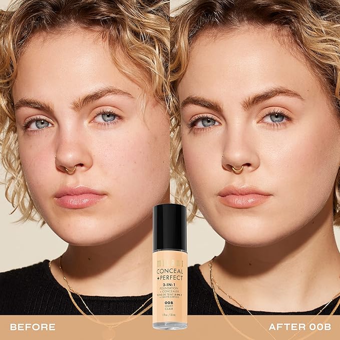 Milani Conceal + Perfect 2-in-1 Foundation + Concealer for a Flawless Complexion, Under Eye Corrector, Cover Redness and Imperfections, Waterproof and Sweatproof - 00B-Light