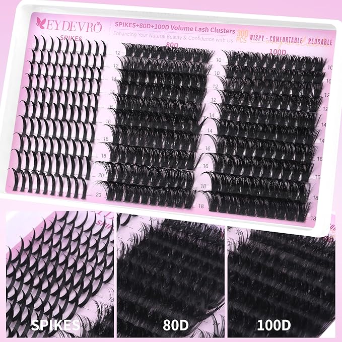 EYDEVRO Lash Clusters with Spikes Wispy Eyelash Clusters Kit 12-20mm Spikes Lash Clusters 10-18mm 80D 100D Volume Cluster Eyelash Extensions Cluster Lashes Kit Individual Lashes Lash Bond and Seal