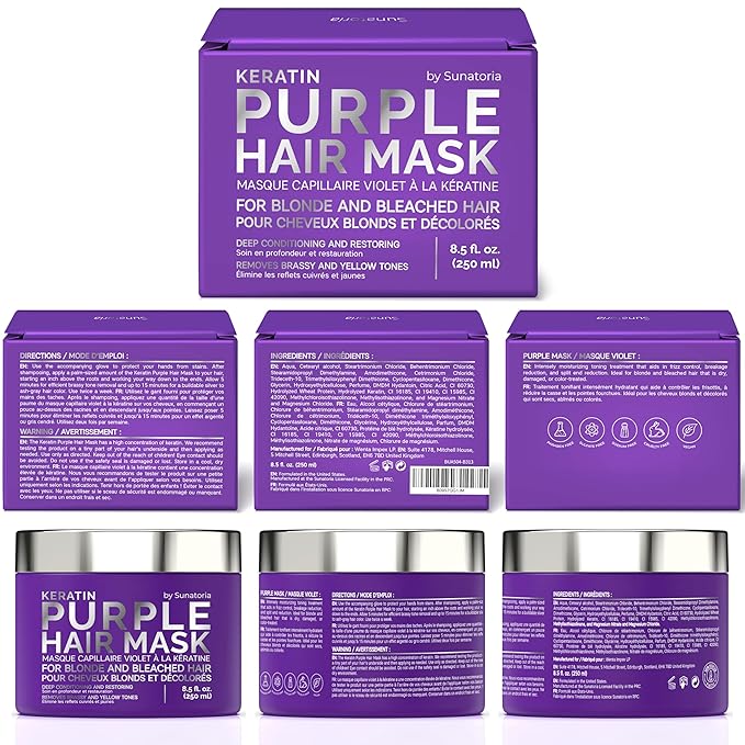 SUNATORIA Purple Hair Mask for Blonde & Bleached Hair, 2-in-1 Keratin Toning Conditioner for Brass Control, Helps Reduce Yellow Tones While Softening Dry Color-Treated Strands | 8.5 Fl Oz