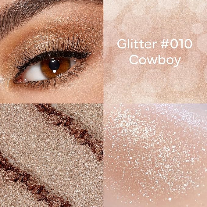 KYDA Champagne Glitter Single Eyeshadow, Champagne Pearl Glow Eyeshadow, Ultra-fine Lightweight, Crease-proof High Pigmented Formula, Mini Glitter Eyes Makeup, Cowboy