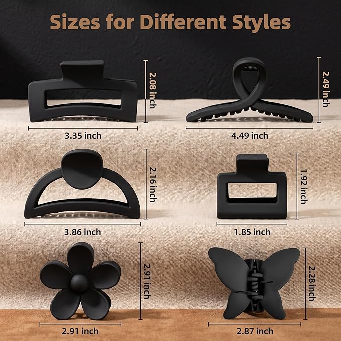 6 Pack Matte Non-Slip Hair Accessories - Claw Clips in Black for Thin and Thick Hair, Ranging from 1.85-4.5 Inches, Featuring Flower, Banana, and Butterfly Designs for Women and Girls