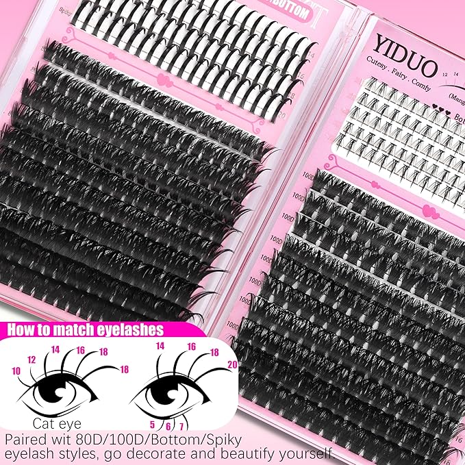 YIDUO 540Pcs Lashes Clusters Kit with Spikes+Bottom Eyelash 80D&100D Volume Clusters Lash Extension 10-18mm Wispy D Curvature Individual False Eyelashes Kit with Lash Bond and Seal, Dual Brow Pencil