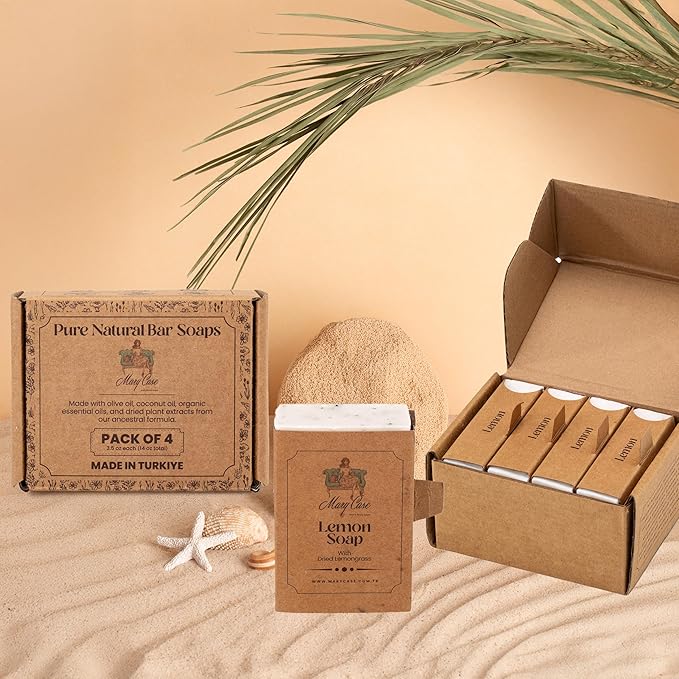 Mary Case Lemon Bar Soap Set of 4 | Natural Soap with Olive & Coconut Oils + Dried Lemongrass | Vegan Bath Soap for Men & Women | Balancing Oily Skin & Boosting Skin Vitality