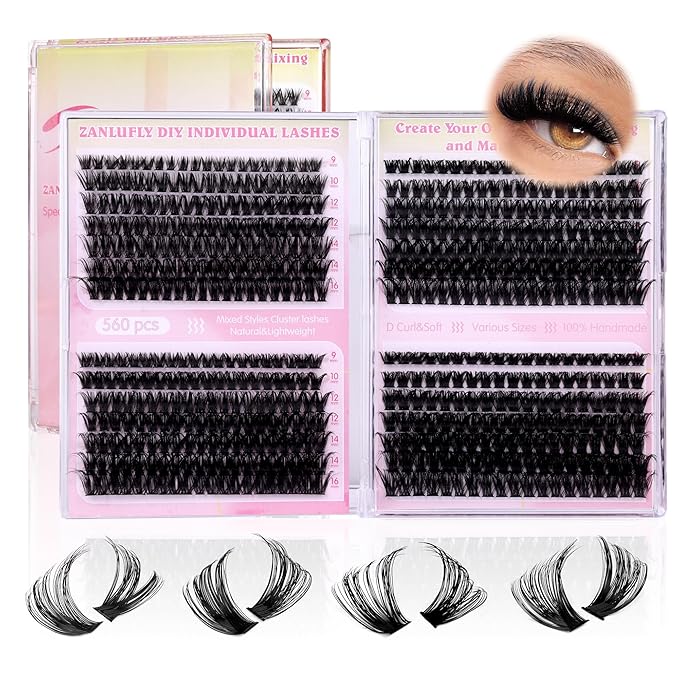 Lash Clusters D-Curly Individual Lashes Volume Eyelash Clusters Bulk zanlufly Thick Lash Extension 560Pcs Natural DIY Eyelash Extension (9-16MM,60D+70D+80D+100D)