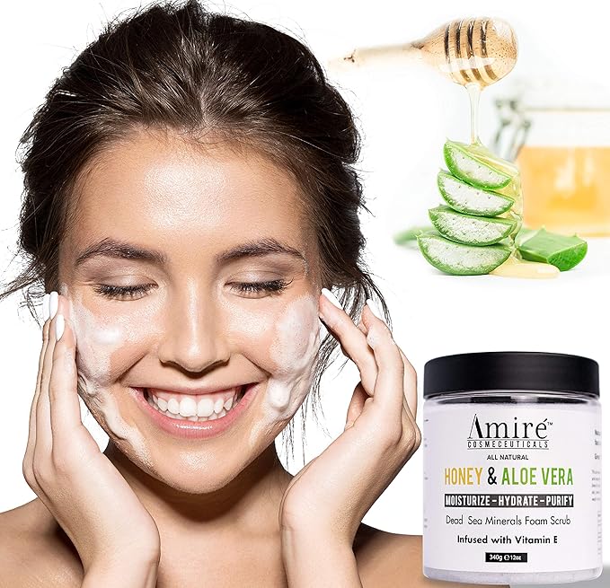 Dead Sea Minerals Foam Exfoliating Body Scrub with Honey and Aloe Vera, Moisturize, Hydrate, and Purify your Skin, Infused with Vitamin E, Great to Reduce Severity of Acne Breakouts. 11.46oz, 325g