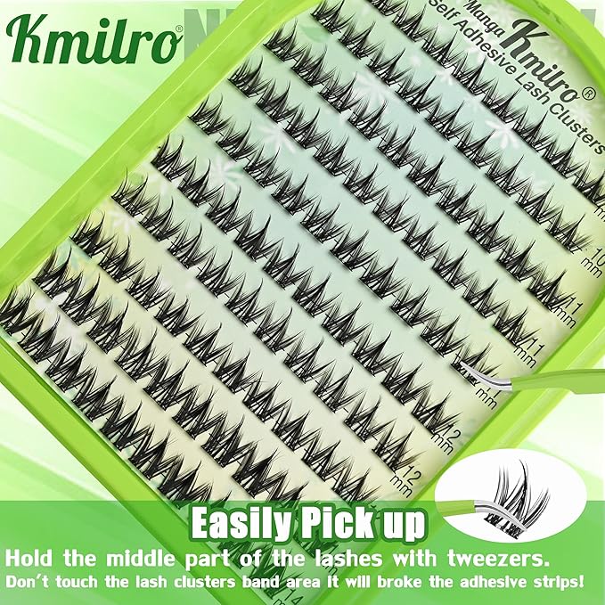 Self Adhesive Eyelashes 10-14mm Manga Self Adhesive Lash Clusters Spiky Pre Glued Lashes Anime Press on Lashes No Glue Needed Wispy Reusable DIY Cluster Eyelash Extensions Kit with Tweezers, by Kmilro