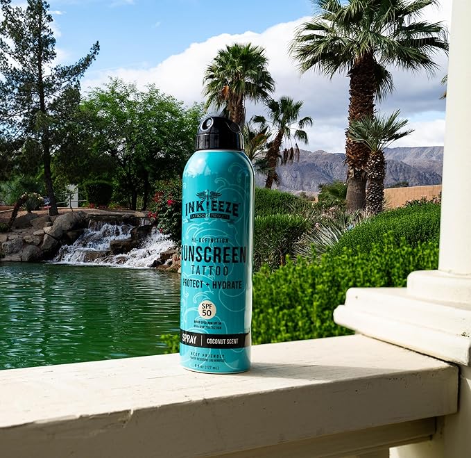 INK-EEZE Tattoo Sunscreen Spray SPF 50, UVA/UVB Blocking, Dries Clear, Ozone Reef Friendly, Vegan, Made in USA, Coconut, 6oz spray