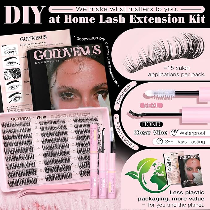 Goddvenus Spider Lash Clusters Kit, Natural Wispy Cluster Eyelash Extensions, Fluffy DIY Lash Extension at Home for Natural Look, D Curl Individual Lashes Kit with Waterproof Bond and Seal