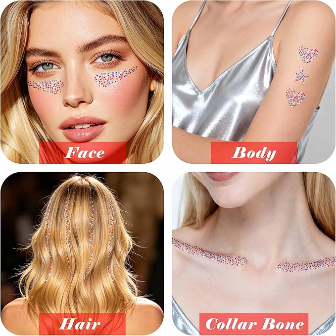 MEICOLY 50g Star Shaped Red White and Blue Body Glitter Face Glitter Gel, Patriotic Accessories Hair Glitter for 4th of July Outfits for Women, Fourth of July USA Accessories for Independence Day